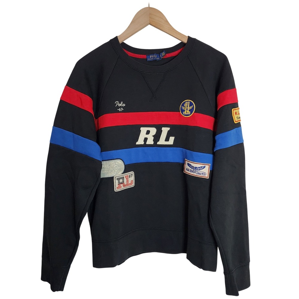 Polo Ralph Lauren Sweatshirt Women L Black Multi Patch Speed Parts Crewneck